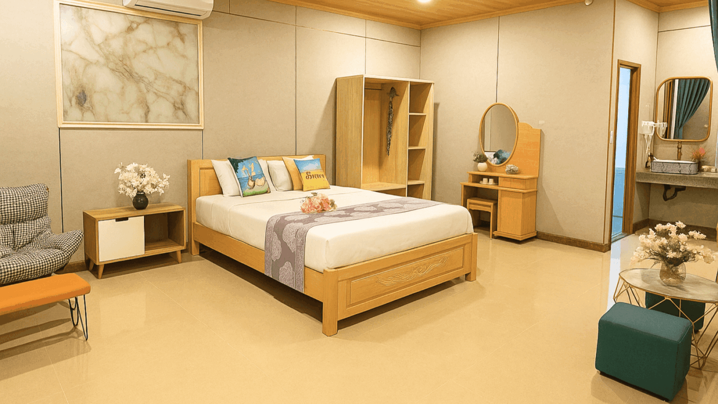 Nên điền: Phòng nghỉ cao cấp tại Sala Ho Tram Homestay & Villa - đầy đủ tiện nghi, cửa sổ hướng vườn.