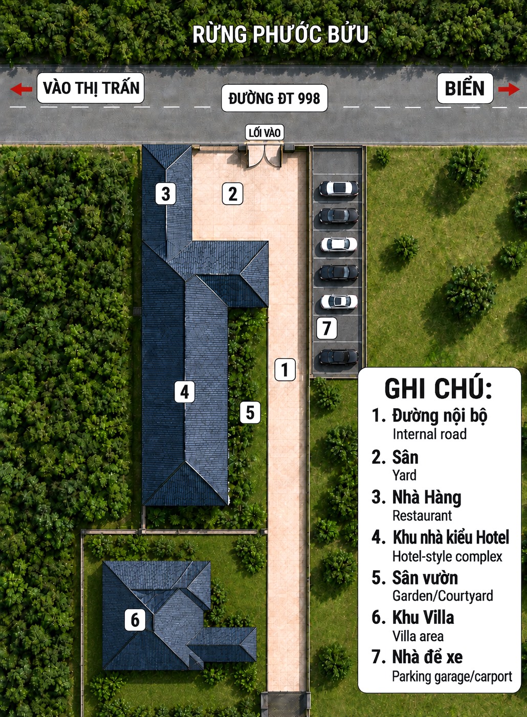 Sala Ho Tram Homestay & Villa có Bản đồ mặt bằng tổng thể khu nghỉ dưỡng có bãi đậu xe ô tô rộng rãi nằm cạnh Rừng Phước Bửu và đường lớn ra biển Hồ Tràm.