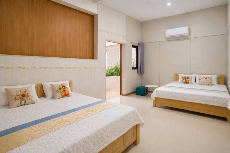 Phòng 2 giường đôi tại Sala Ho Tram Homestay & Villa Hồ Tràm với không gian thoáng, trần cao và đầy đủ tiện nghi, phù hợp cho cặp đôi hoặc khách nghỉ dưỡng gần biển.